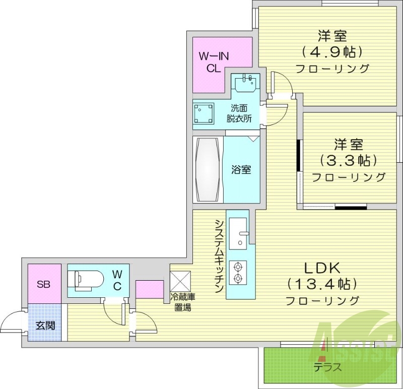2LDK、エアコン、都市ガス、システムキッチン