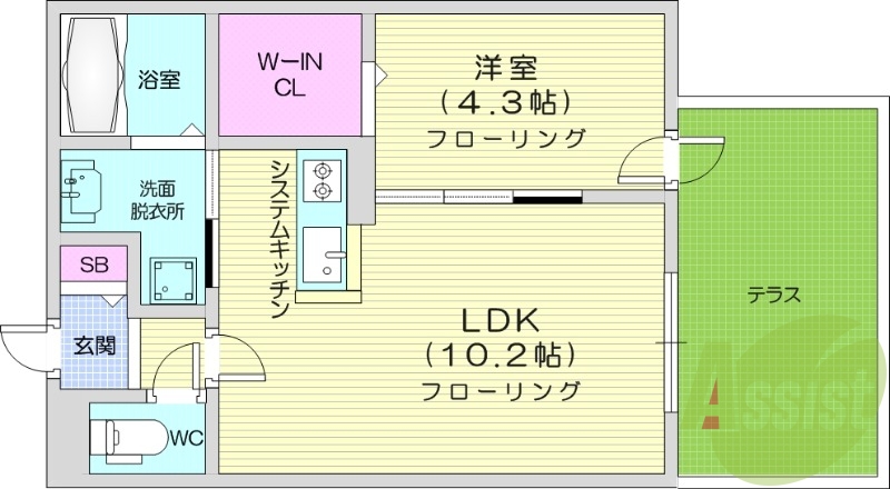 1LDK、エアコン、都市ガス、システムキッチン