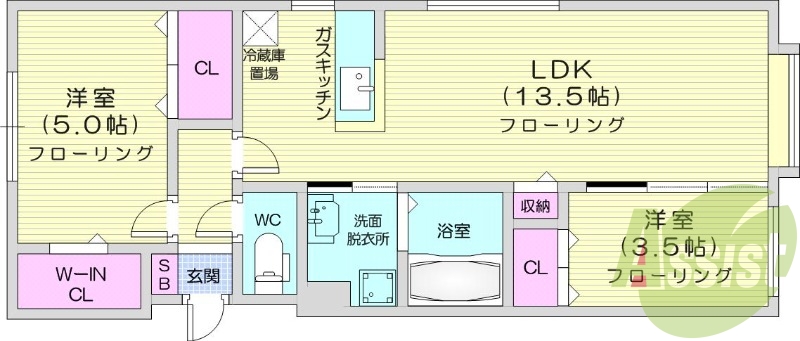 2LDK、都市ガス、エアコン、システムキッチン、ネット無料
