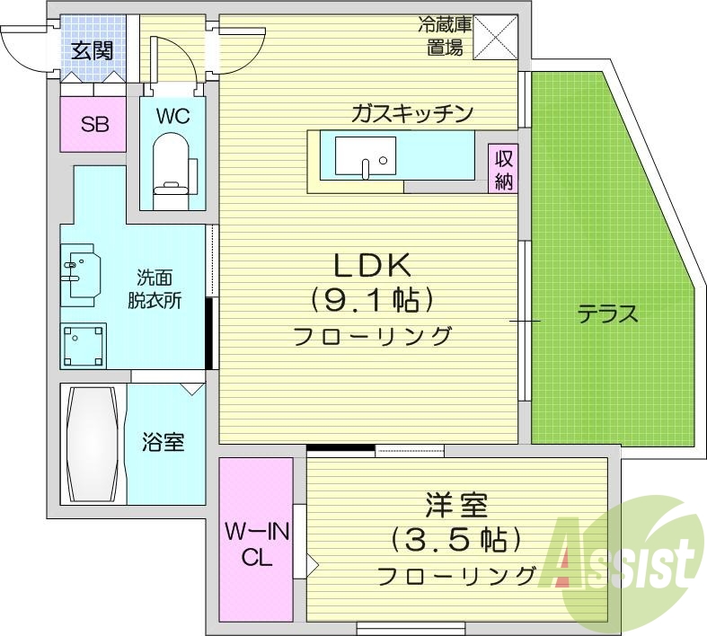 1LDK、都市ガス、エアコン、システムキッチン、ネット無料