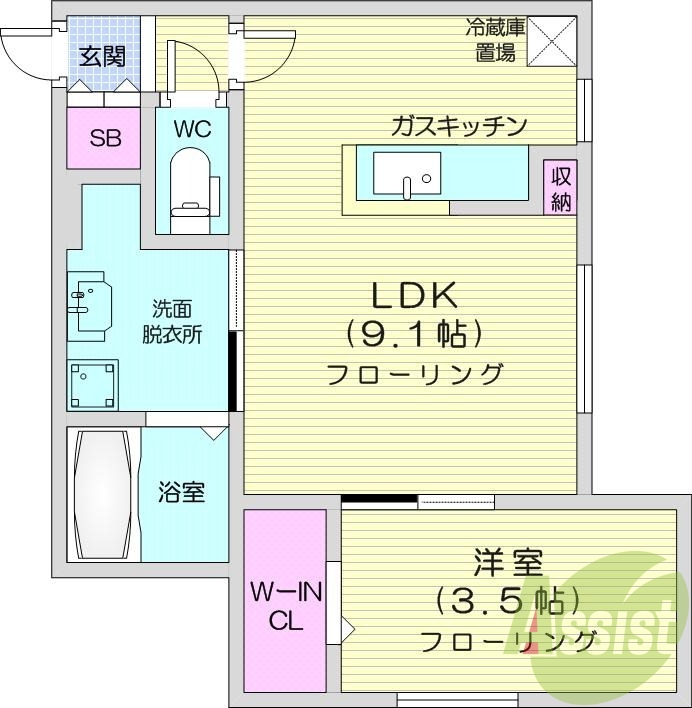1LDK、都市ガス、エアコン、システムキッチン、ネット無料