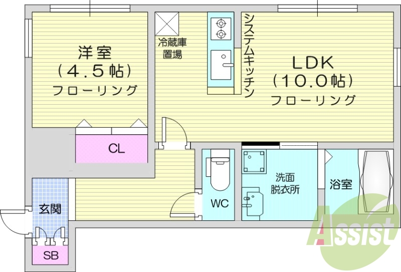 1LDK、都市ガス、システムキッチン、エアコン