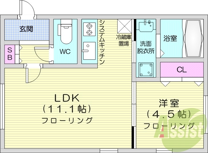 1LDK、都市ガス、システムキッチン、エアコン