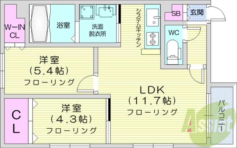 2LDK、独立洗面台、灯油FF暖房、エアコン、バルコニー
