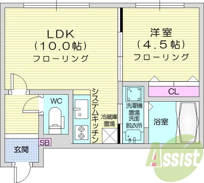 1LDK、都市ガス、独立洗面台、システムキッチン、