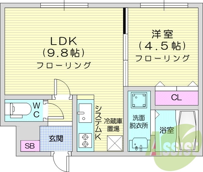 1LDK、都市ガス、オートロック、システムキッチン