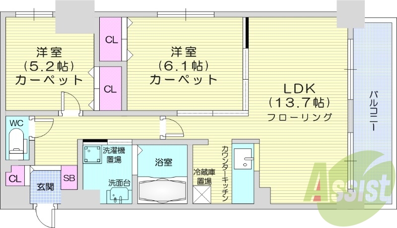 2LDK、独立洗面台、シャワートイレ、バス・トイレ別、
