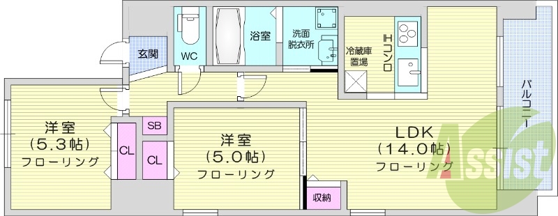 2LDK、角部屋、オートロック、エアコン、ネット無料