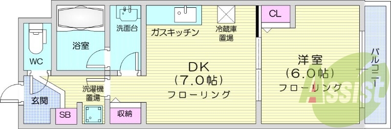 1DK、都市ガス、ガス暖房、宅配BOX、オートロック