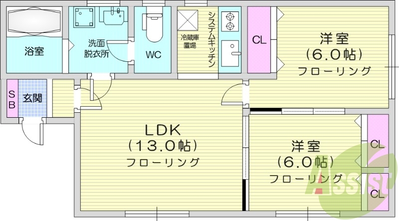 2LDK、システムキッチン、独立洗面台、灯油暖房