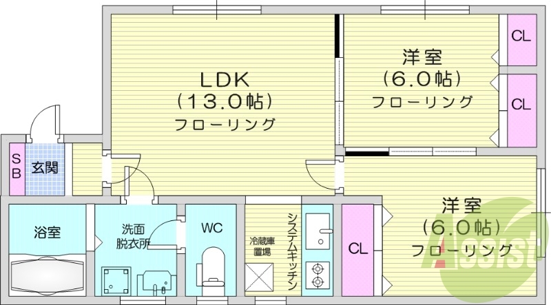 2LDK、システムキッチン、独立洗面台、灯油暖房