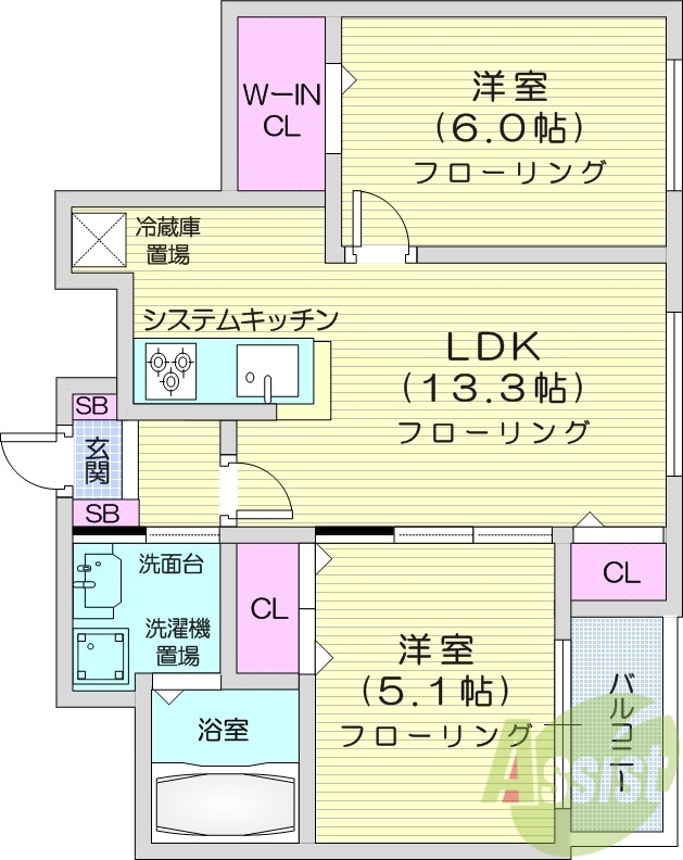 2LDK、都市ガス、システムキッチン、シャワートイレ