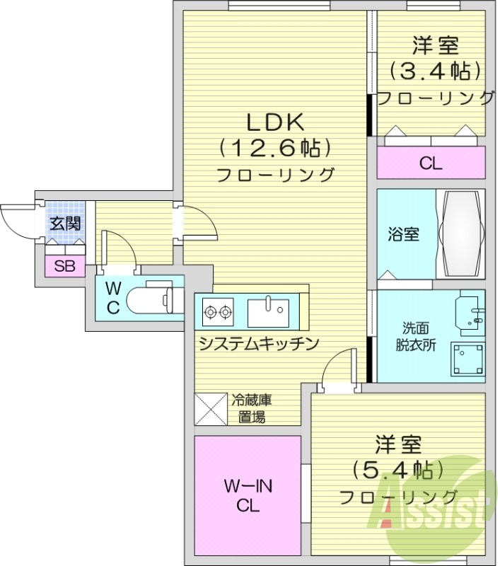 2LDK、エアコン、ガスリミット、システムキッチン