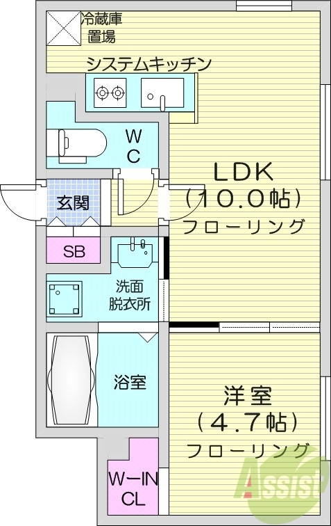 1LDK、エアコン、ガスリミット、システムキッチン