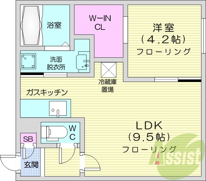 1LDK、エアコン、ガスリミット、システムキッチン