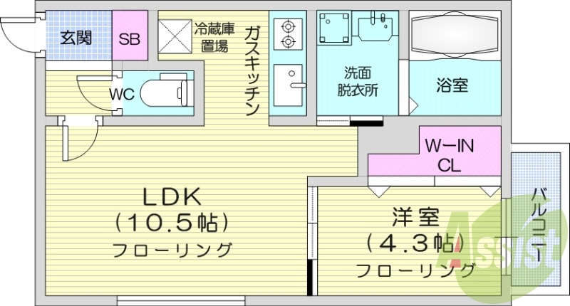 1LDK、エアコン、灯油暖房、独立洗面台、システムキッチン