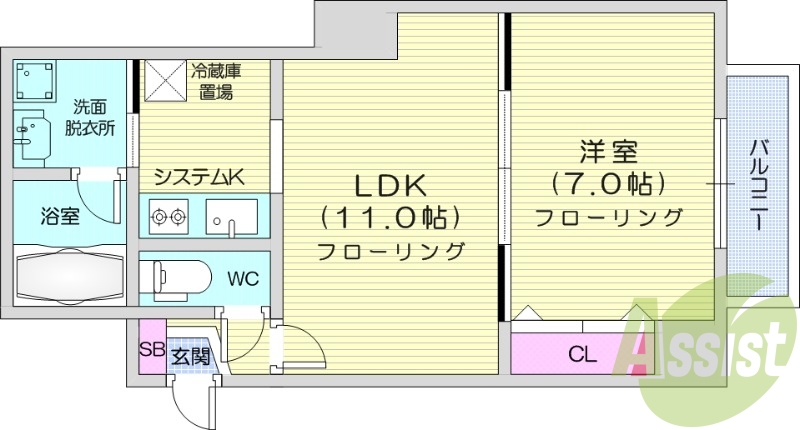 1LDK、都市ガス、独立洗面、クローゼット、バルコニー