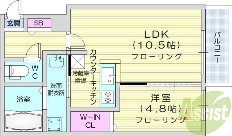 1LDK、システムキッチン、ウォークインクロゼット、エアコン