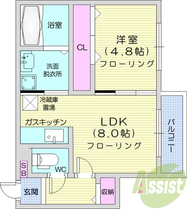 1LDK、灯油暖房、ネット無料、バルコニー