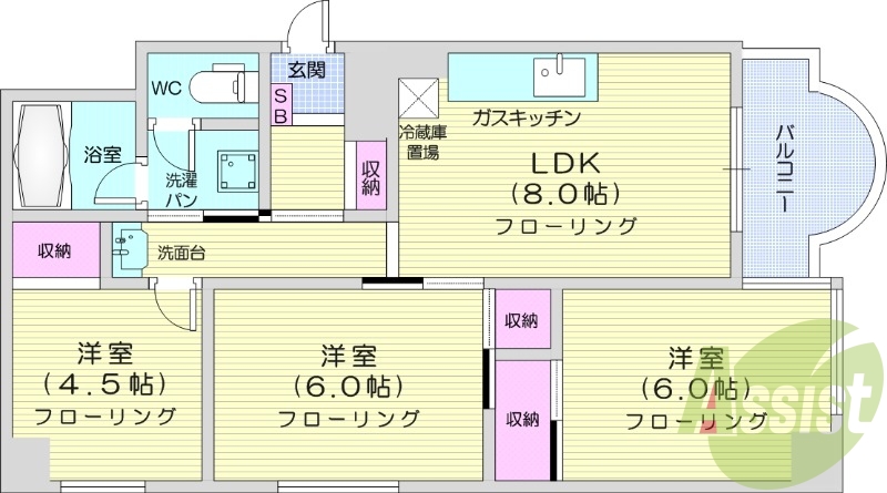 3DK、都市ガス、ガス暖房、オートロック