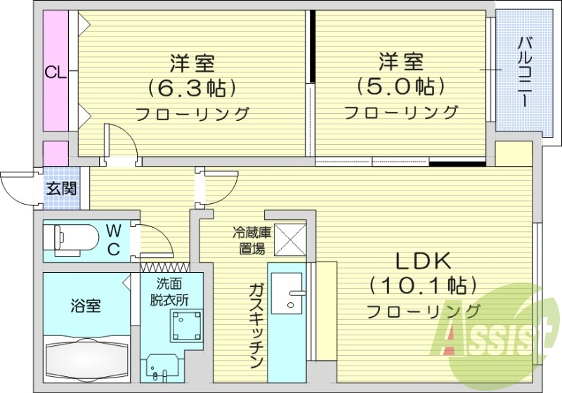 2LDK、エアコン、シャワートイレ、モニタ付インターホン