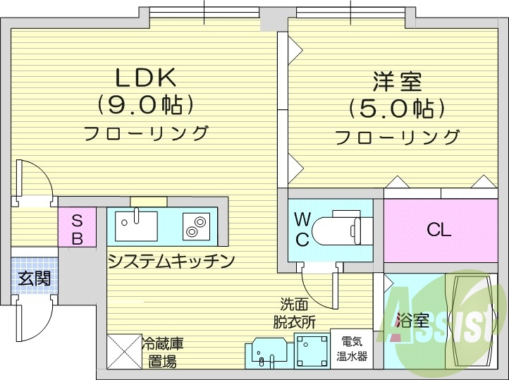 1LDK、オール電化、独立洗面台、モニタ付きインターホン