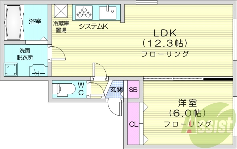 1LDK、灯油暖房、システムキッチン、宅配BOX