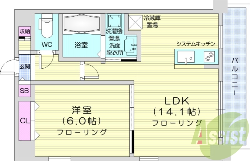 1LDK、IHシステムキッチン、独立洗面台、ウォシュレット付