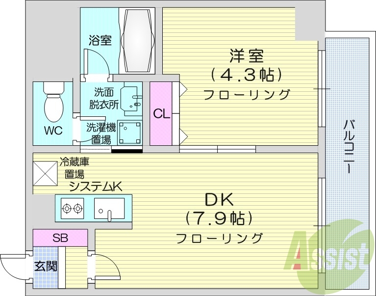 1DK、システムキッチン、エアコン、シャンプードレッサー