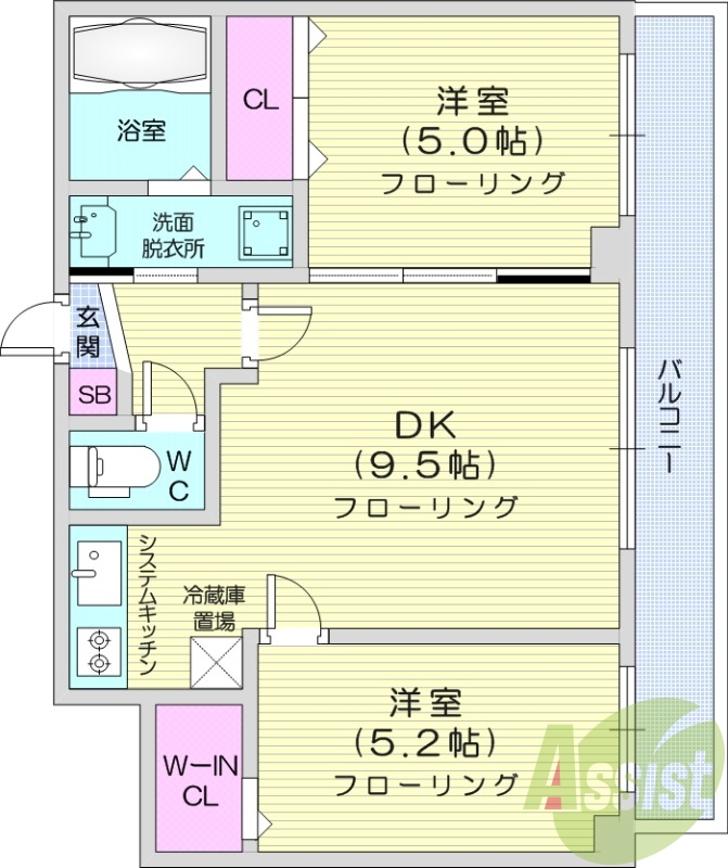 2DK、システムキッチン、エアコン、シャンプードレッサー