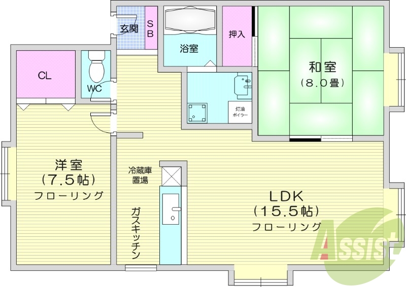 2LDK、灯油暖房、灯油ボイラー、浴室乾燥機、エアコン