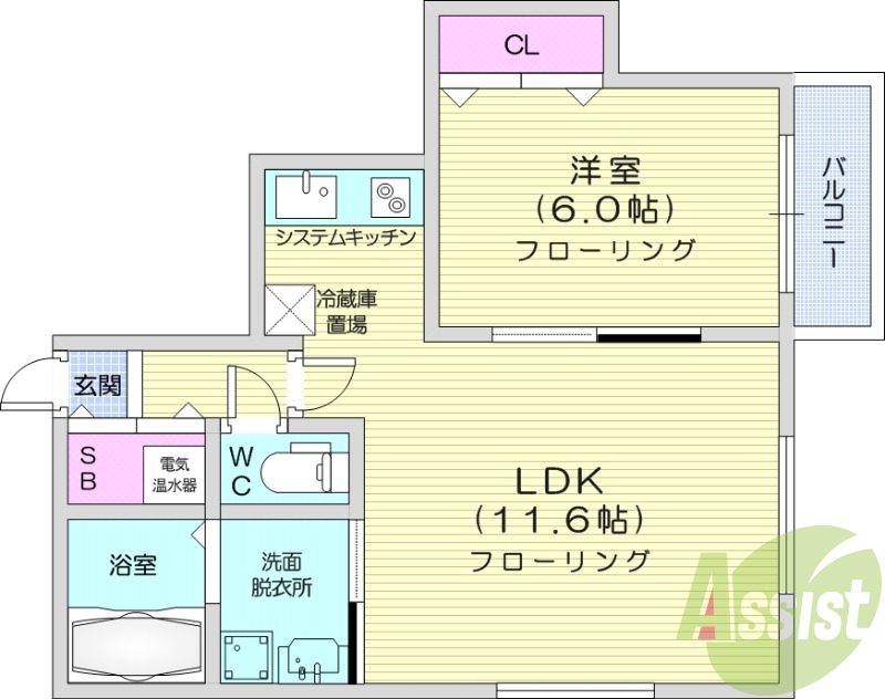 1LDK、エアコン、灯油暖房、独立洗面台