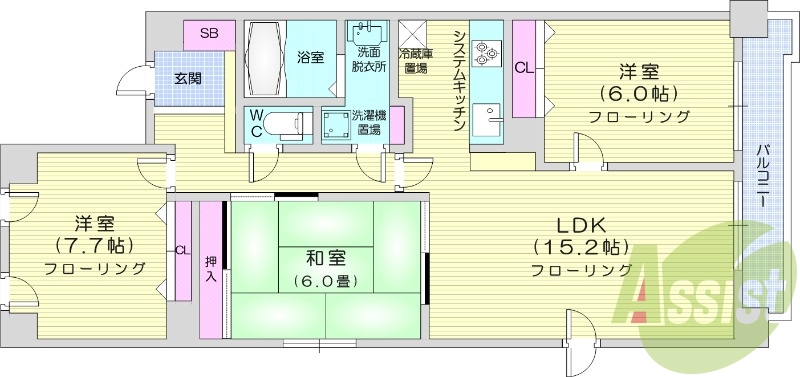 3LDK、システムキッチン、角部屋、追い焚き、トランクルーム
