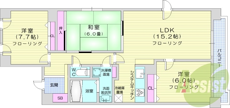 3LDK、システムキッチン、角部屋、追い焚き、トランクルーム