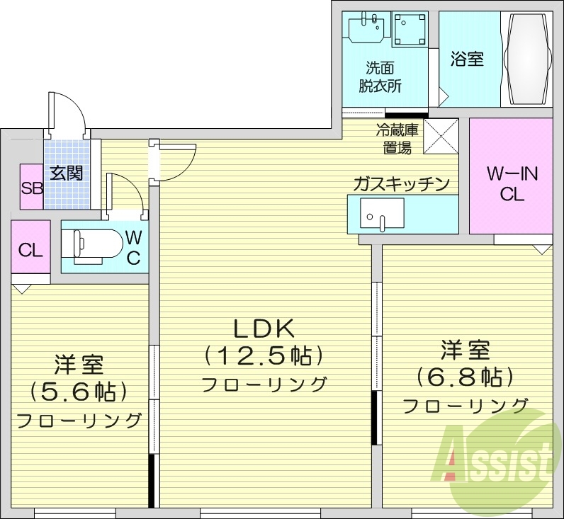 2LDK、バストイレ別、角部屋、ロードヒーティング