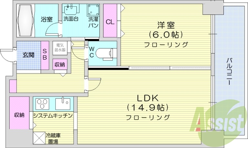 1LDK、システムキッチン、浴室乾燥機、バルコニー