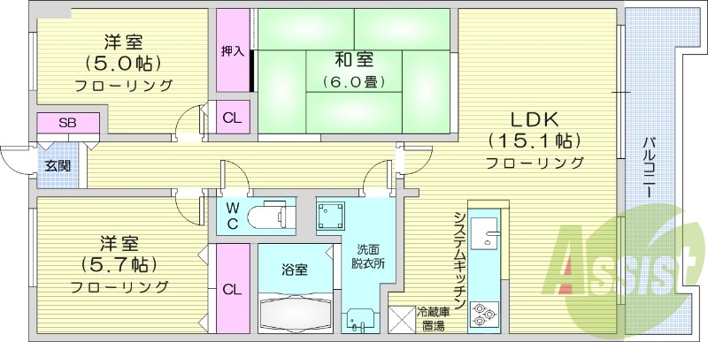 3LDK、システムキッチン、角部屋、追い焚き、トランクルーム