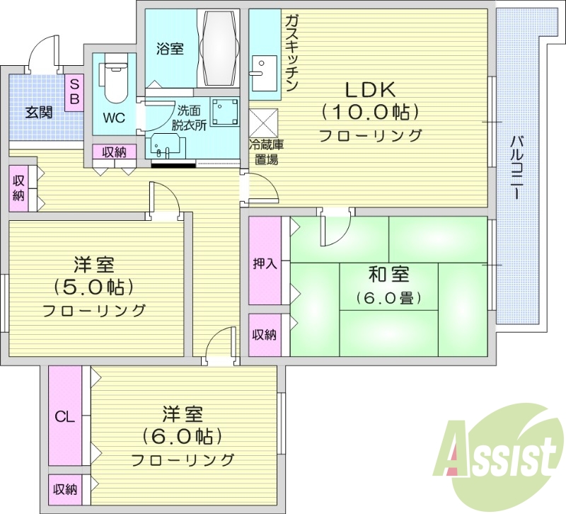 3LDK、エアコン、灯油暖房、独立洗面台
