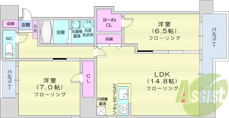 2LDK、システムキッチン、エアコン、追い焚き