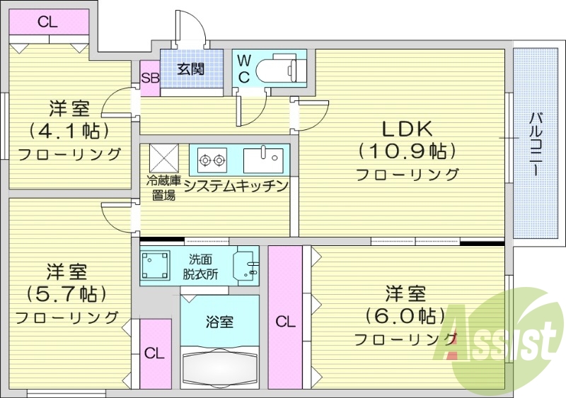 3LDK、都市ガス、システムキッチン、独立洗面台