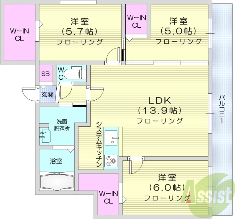 3LDK、エアコン、都市ガス、システムキッチン
