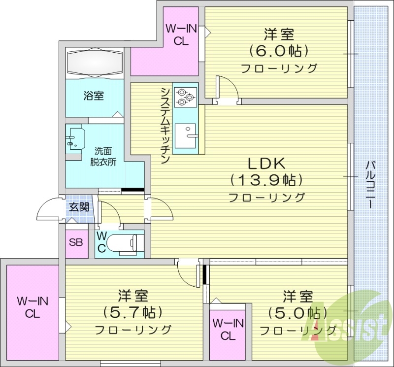 3LDK、エアコン、都市ガス、システムキッチン