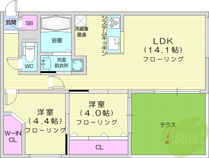 2LDK、エアコン、ウォークインクローゼット 、都市ガス