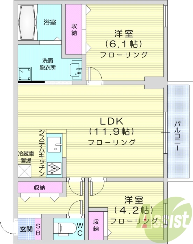 2LDK、エアコン、都市ガス、ネット無料