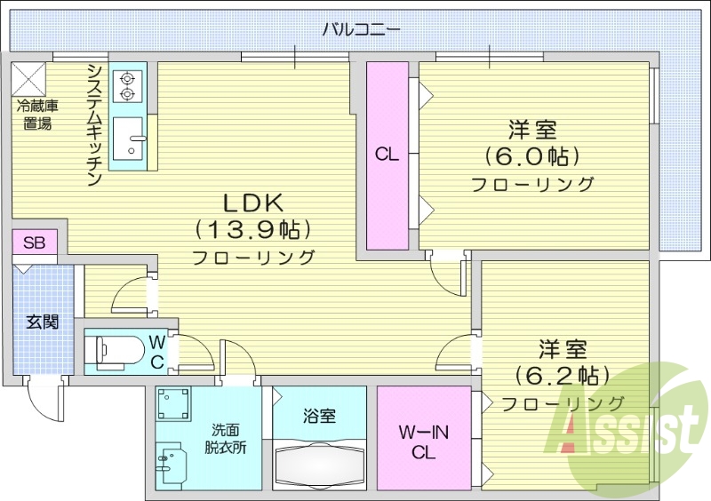 2LDK、エアコン、都市ガス、ネット無料