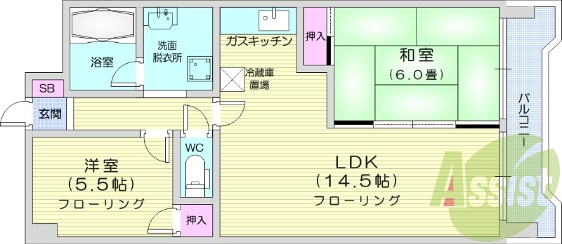 2LDK、都市ガス、分譲、システムキッチン、エアコン