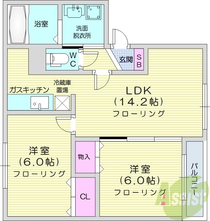 2LDK、無料駐車場、シャワートイレ、エアコン