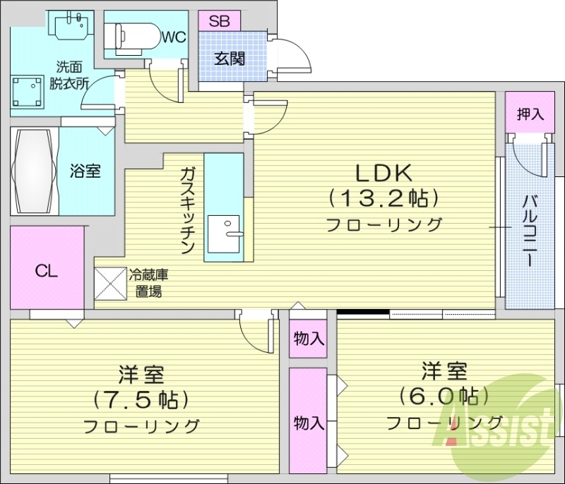 2LDK、灯油暖房、独立洗面台、ガスキッチン
