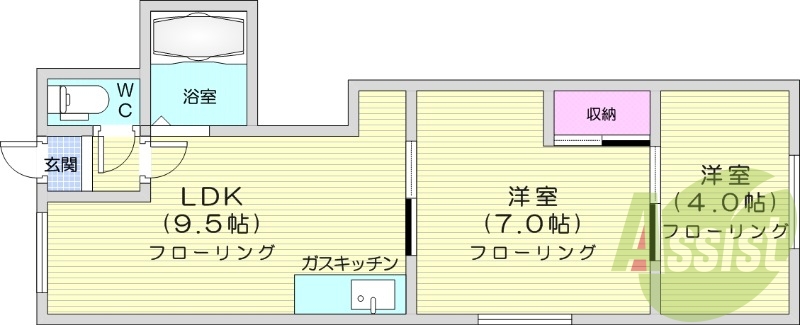 2LDK、バス・トイレ別、灯油暖房、シャワートイレ
