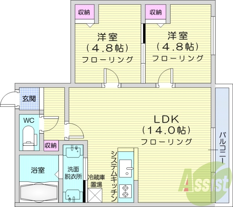 2LDK、エアコン、都市ガス、ネット無料